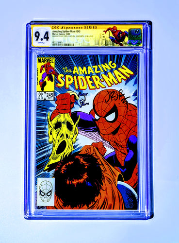 Comic book cover featuring Spider-Man and a skeleton, framed in a blue border with CGC grading label.