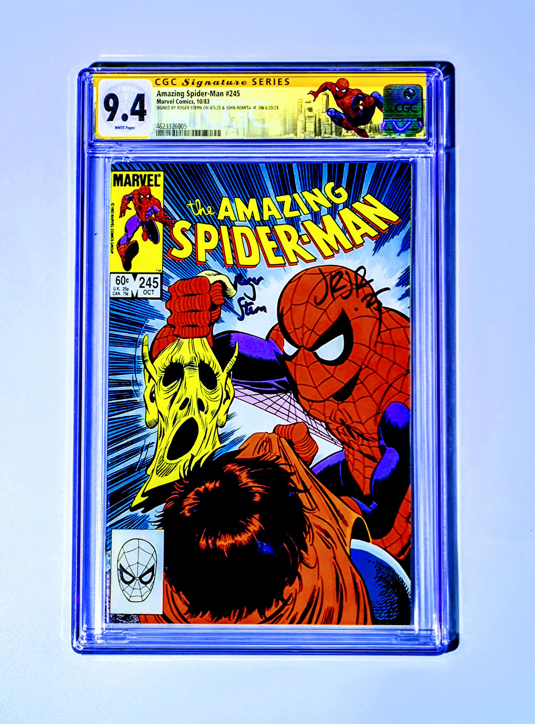 Comic book cover featuring Spider-Man and a skeleton, framed in a blue border with CGC grading label.