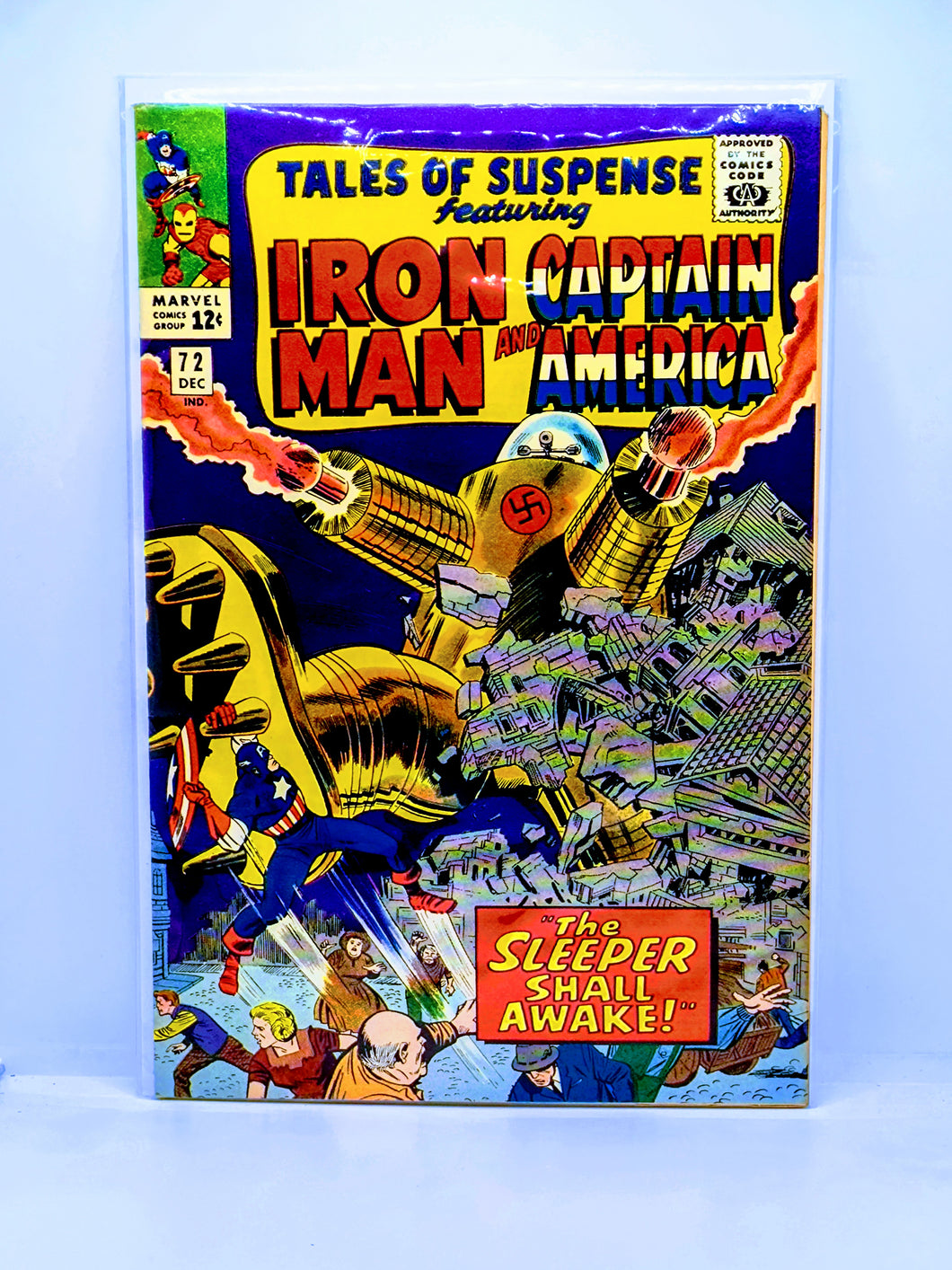 Comic book cover featuring Iron Man and Captain America with colorful text and graphics.