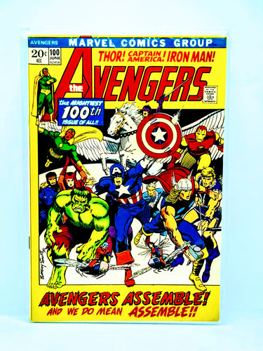 Comic book cover featuring the Avengers with a yellow border
