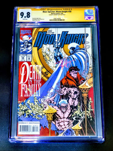 Moon Knight #58 CGC SS comic book with a signed cover featuring the character Moon Knight in a dynamic pose with a mask and staff, titled 'Death Rally'.