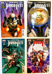 A set of four comic books from the Star Wars: Jango Fett series, featuring cover art with Jango Fett character in various actions and settings.