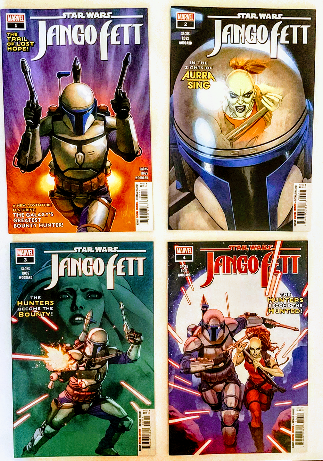 A set of four comic books from the Star Wars: Jango Fett series, featuring cover art with Jango Fett character in various actions and settings.