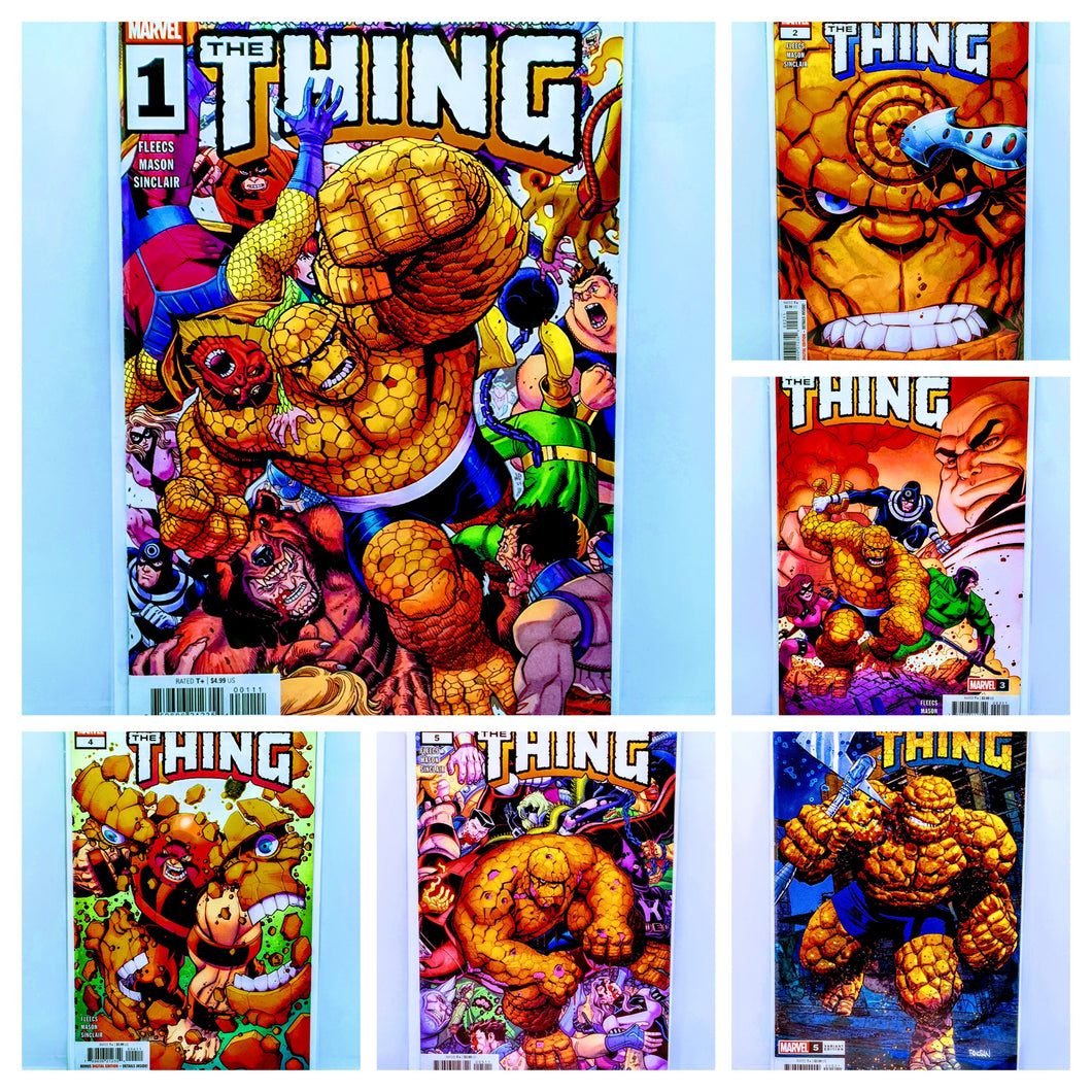 Collection of 'The Thing' comic book covers featuring a muscular character.